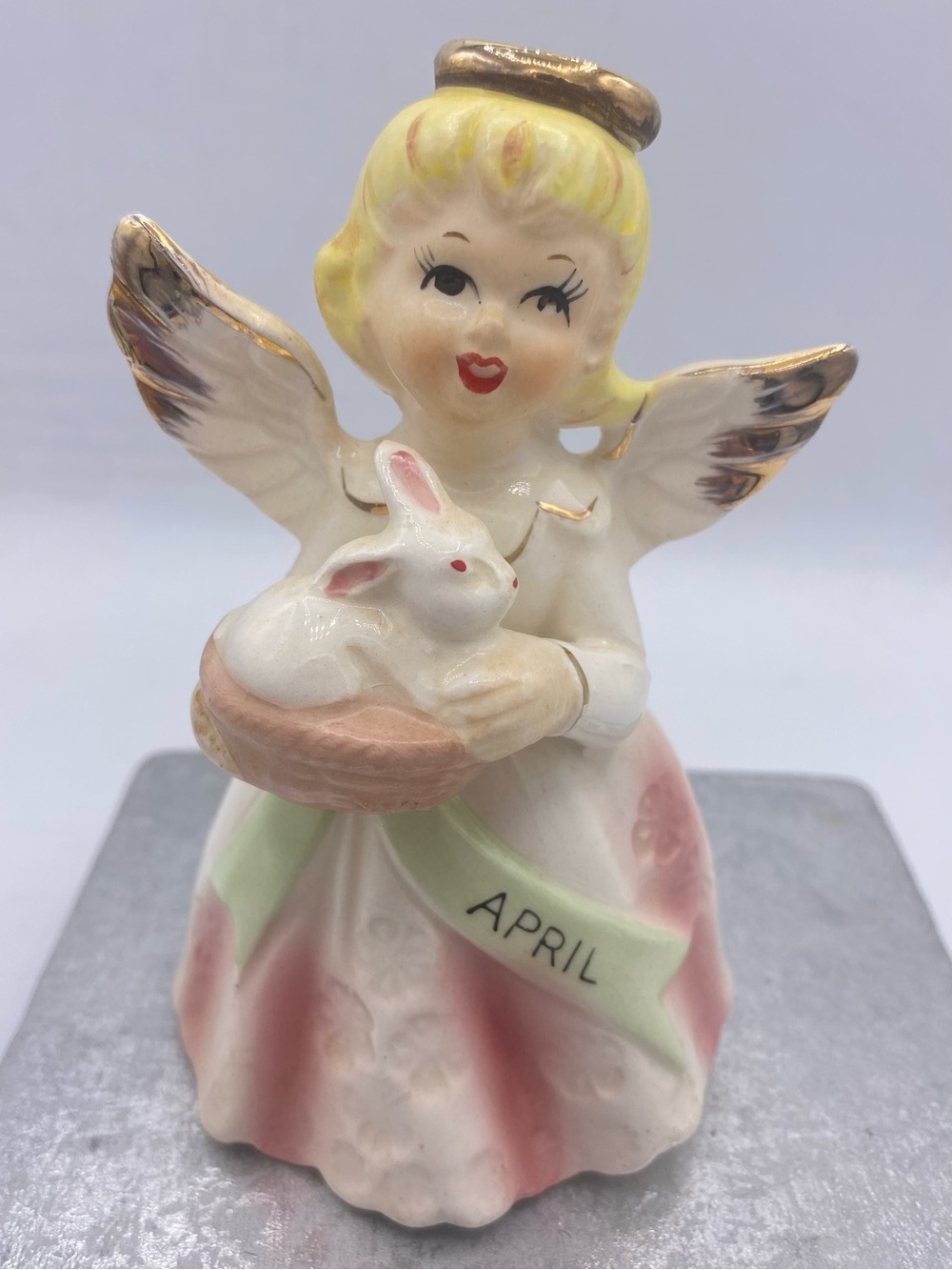 Vintage Japanese April Angel With Bunny Figurine Easter Holiday Collectible